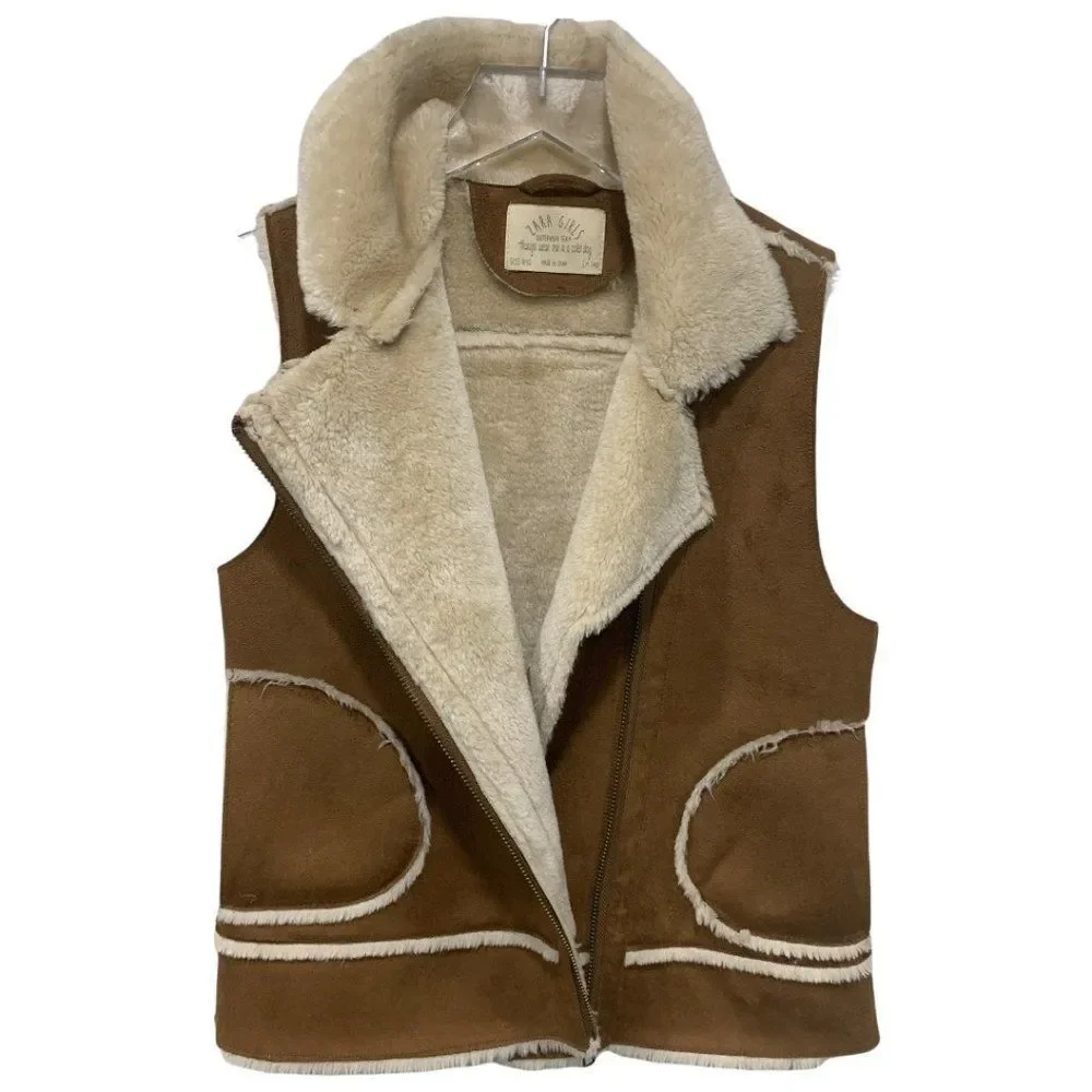 Zara Girls Size 9 / 10 140 cm Faux‎ Suede Shearling Vest Tan Zip Closure